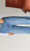 Yüksek Bel Arka Cep Deri Garnili Blue Jean Pantolon