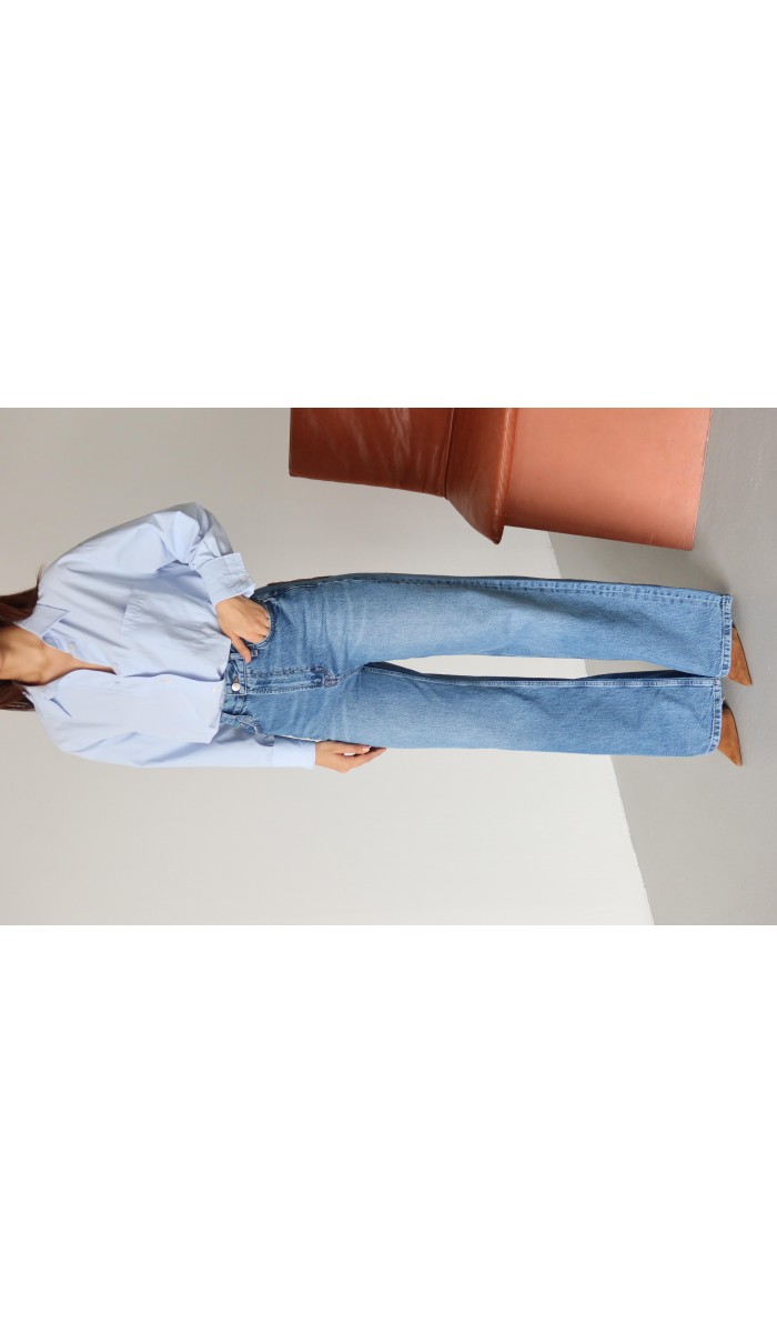 Yüksek Bel Arka Cep Deri Garnili Blue Jean Pantolon