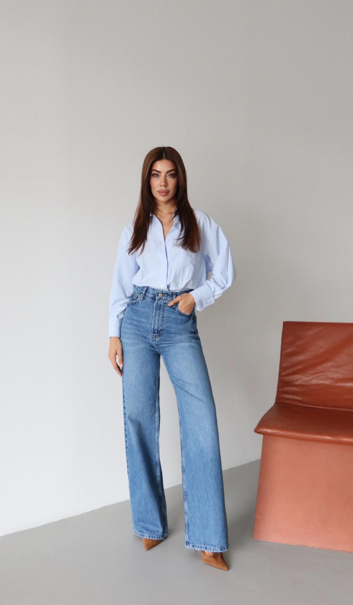 Yüksek Bel Arka Cep Deri Garnili Blue Jean Pantolon