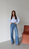 Yüksek Bel Arka Cep Deri Garnili Blue Jean Pantolon