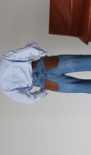 Yüksek Bel Arka Cep Deri Garnili Blue Jean Pantolon