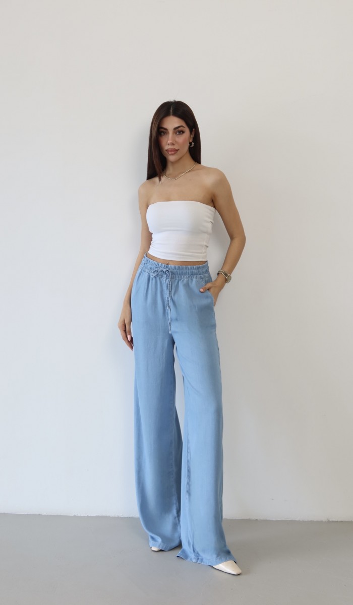 Yüksek Bel Bel Lastik Detaylı Palazzo Kesim Light Blue Pantolon