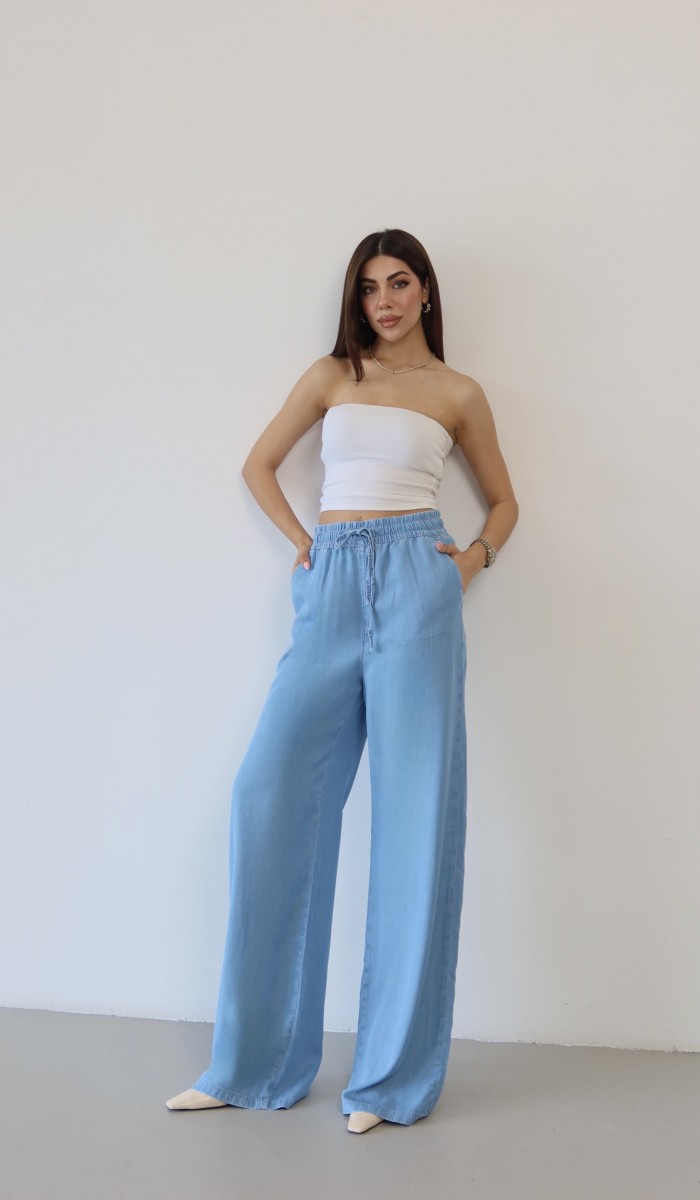 Yüksek Bel Bel Lastik Detaylı Palazzo Kesim Light Blue Pantolon