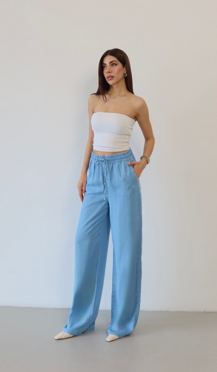 Yüksek Bel Bel Lastik Detaylı Palazzo Kesim Light Blue Pantolon