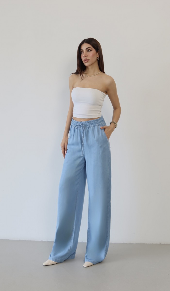 Yüksek Bel Bel Lastik Detaylı Palazzo Kesim Light Blue Pantolon