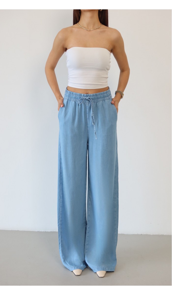 Yüksek Bel Bel Lastik Detaylı Palazzo Kesim Light Blue Pantolon