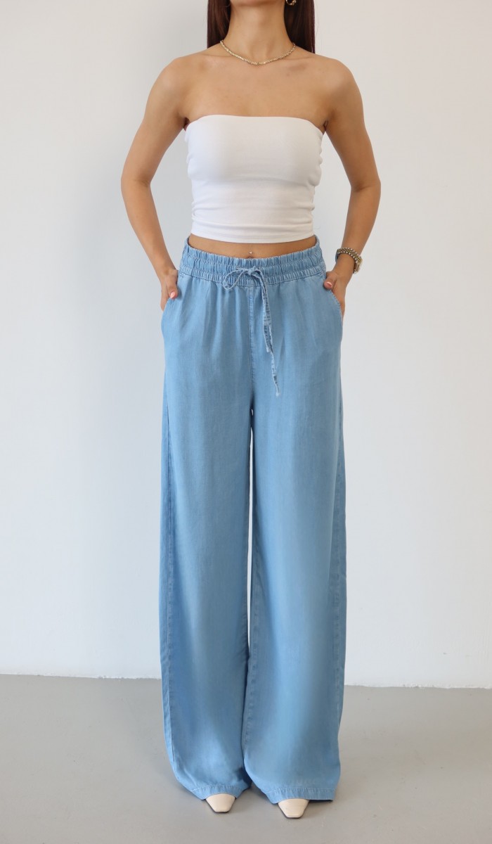 Yüksek Bel Bel Lastik Detaylı Palazzo Kesim Light Blue Pantolon