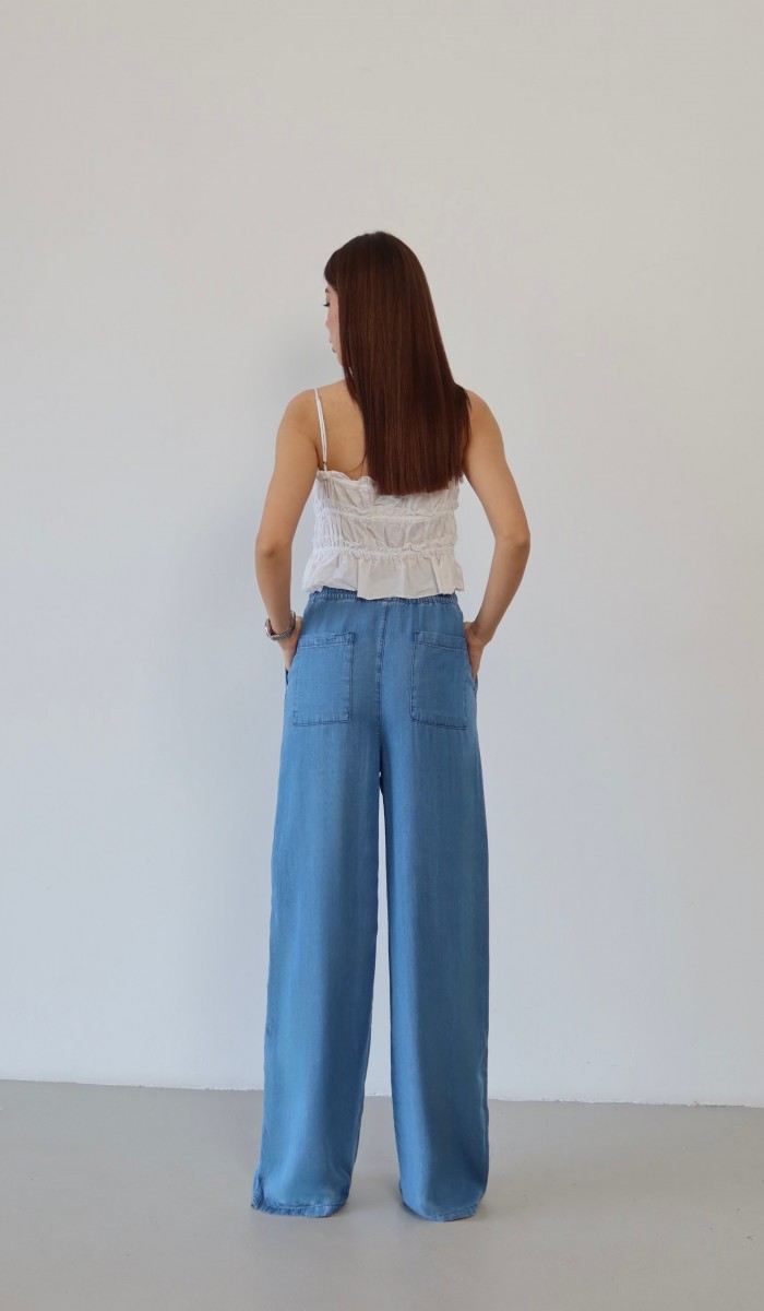 Yüksek Bel Bel Lastik Detaylı Palazzo Kesim Light Blue Pantolon