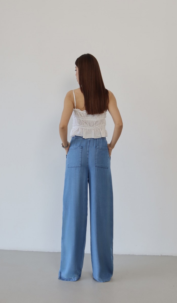 Yüksek Bel Bel Lastik Detaylı Palazzo Kesim Light Blue Pantolon