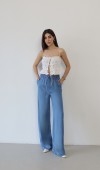 Yüksek Bel Bel Lastik Detaylı Palazzo Kesim Light Blue Pantolon