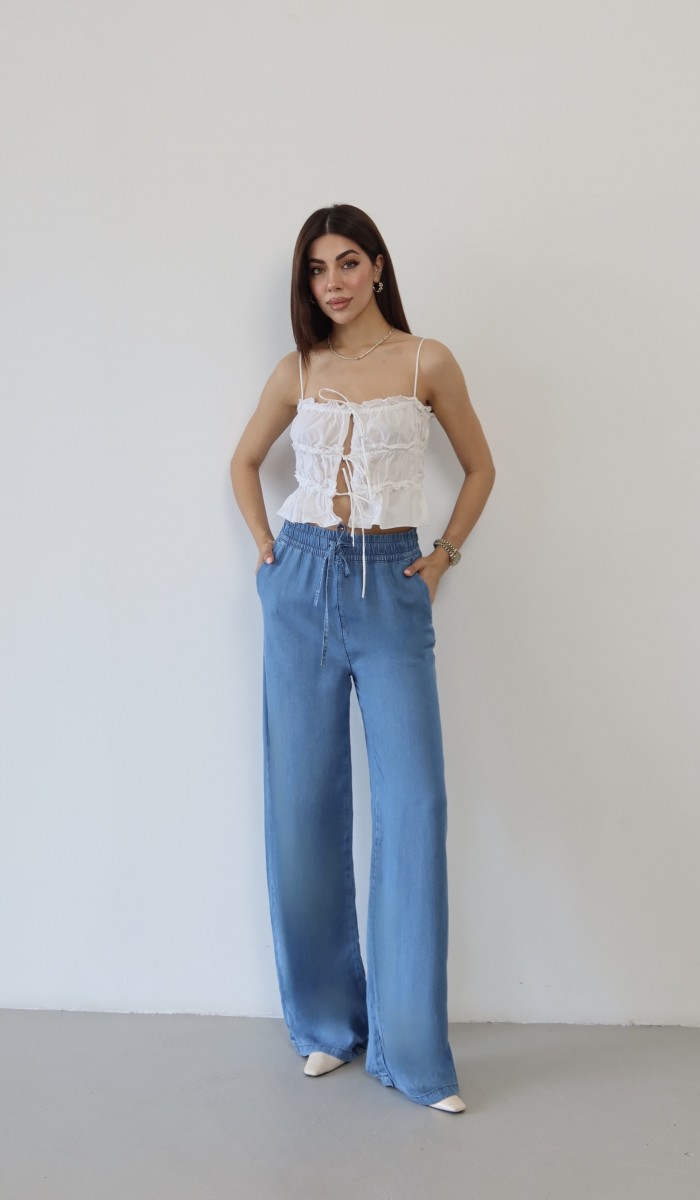 Yüksek Bel Bel Lastik Detaylı Palazzo Kesim Light Blue Pantolon