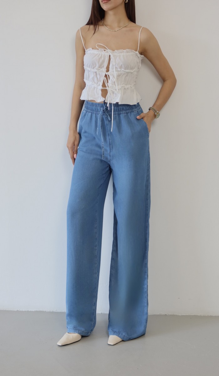 Yüksek Bel Bel Lastik Detaylı Palazzo Kesim Light Blue Pantolon