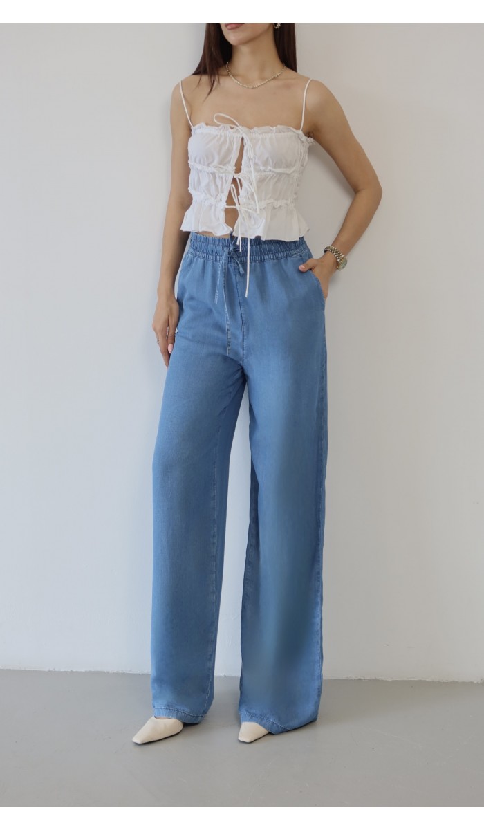 Yüksek Bel Bel Lastik Detaylı Palazzo Kesim Light Blue Pantolon