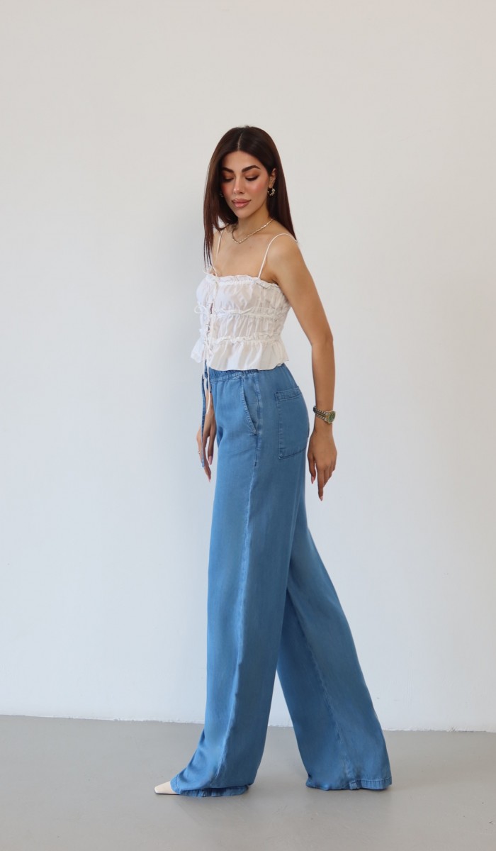 Yüksek Bel Bel Lastik Detaylı Palazzo Kesim Light Blue Pantolon
