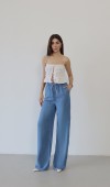Yüksek Bel Bel Lastik Detaylı Palazzo Kesim Light Blue Pantolon