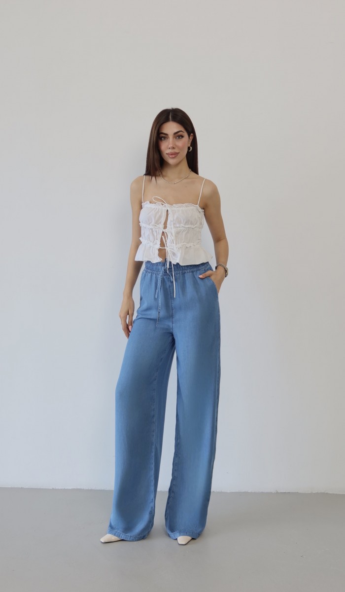 Yüksek Bel Bel Lastik Detaylı Palazzo Kesim Light Blue Pantolon