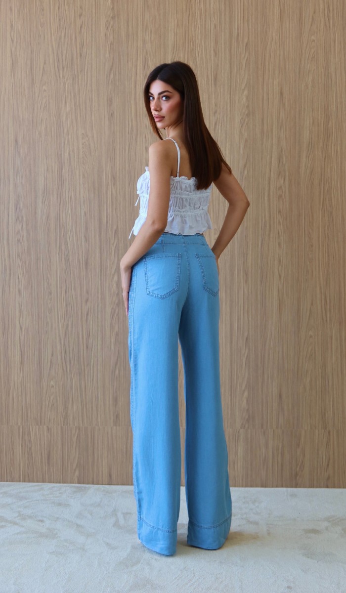 Yüksek Bel Yan Şerit Görünüm Detaylı  Light Blue Tencel Pantolon