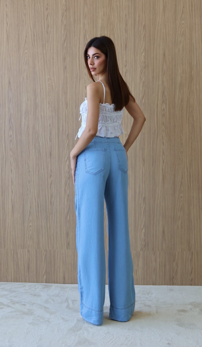 Yüksek Bel Yan Şerit Görünüm Detaylı  Light Blue Tencel Pantolon