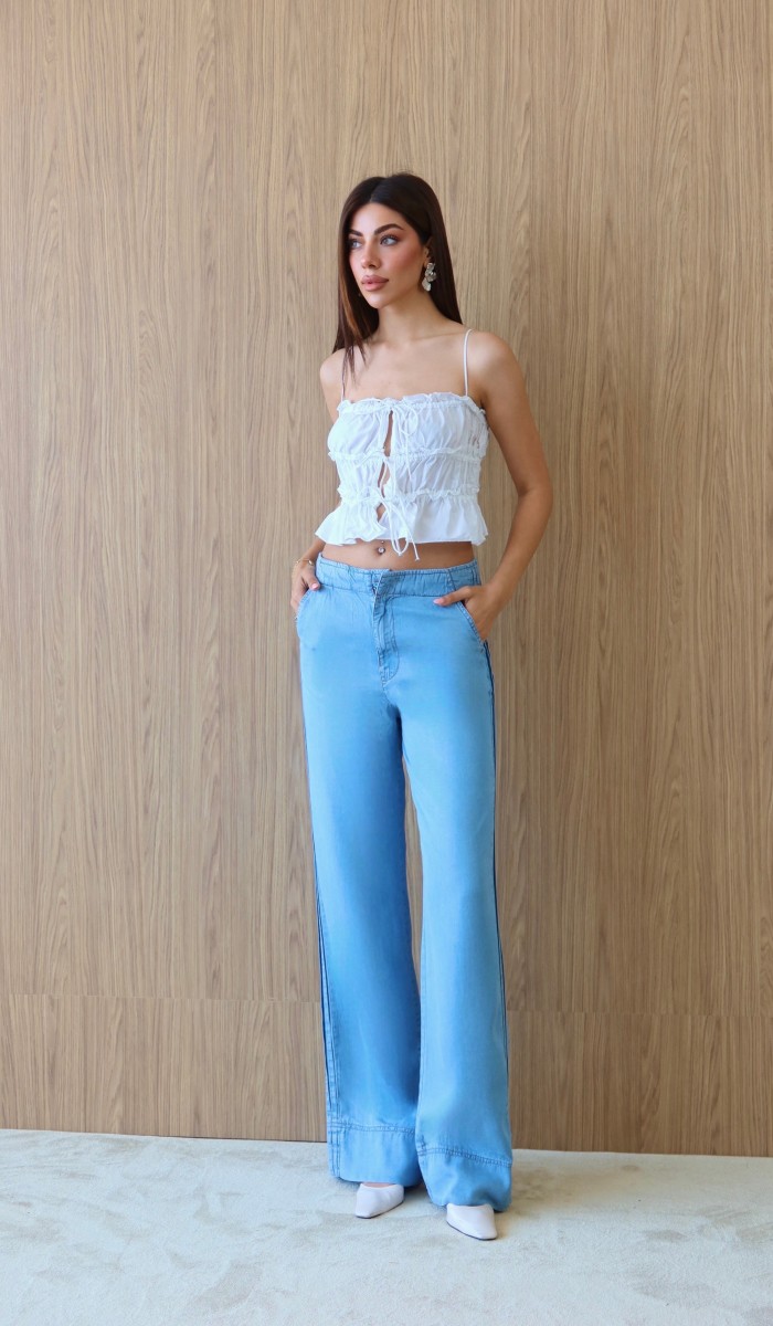 Yüksek Bel Yan Şerit Görünüm Detaylı  Light Blue Tencel Pantolon