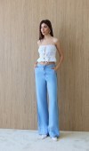 Yüksek Bel Yan Şerit Görünüm Detaylı  Light Blue Tencel Pantolon