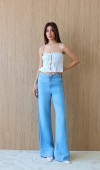 Yüksek Bel Yan Şerit Görünüm Detaylı  Light Blue Tencel Pantolon