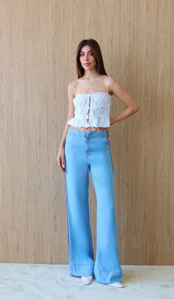 Yüksek Bel Yan Şerit Görünüm Detaylı  Light Blue Tencel Pantolon