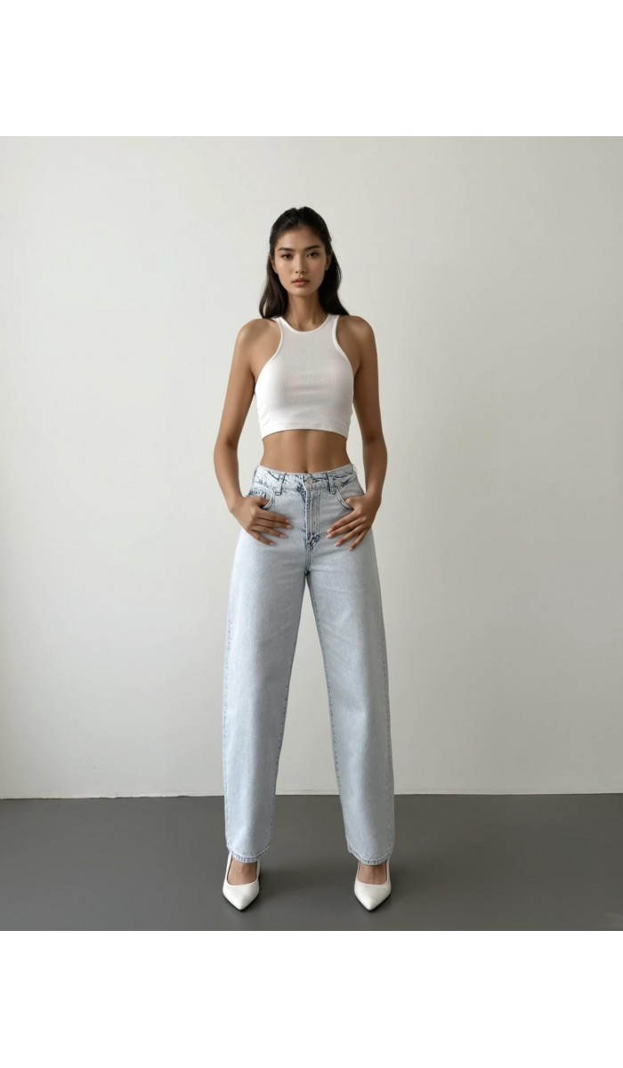 Yüksek Bel Yarım Balon Kalıp Ice Blue Jean Pantolon
