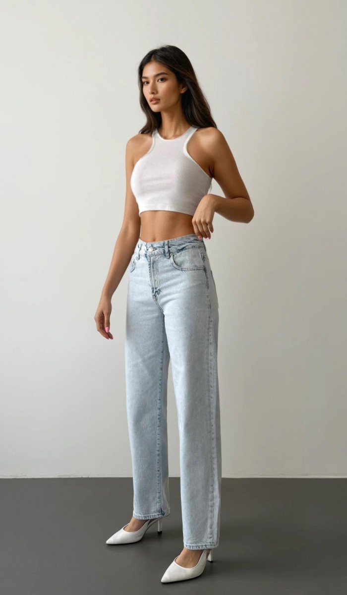 Yüksek Bel Yarım Balon Kalıp Ice Blue Jean Pantolon