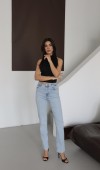 Yüksek Bel Paça Kesik Detaylı Taşlı Blue Jean Pantolon