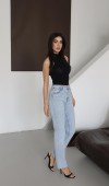 Yüksek Bel Paça Kesik Detaylı Taşlı Blue Jean Pantolon
