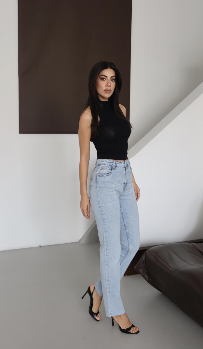 Yüksek Bel Paça Kesik Detaylı Taşlı Blue Jean Pantolon
