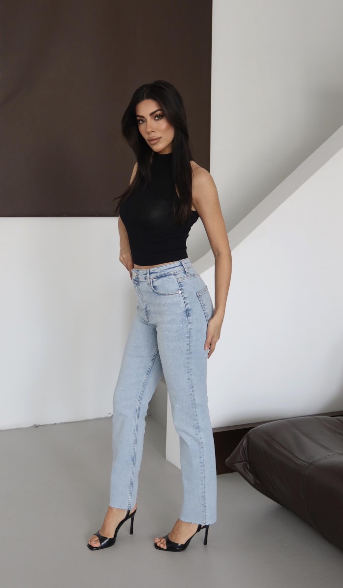 Yüksek Bel Paça Kesik Detaylı Taşlı Blue Jean Pantolon