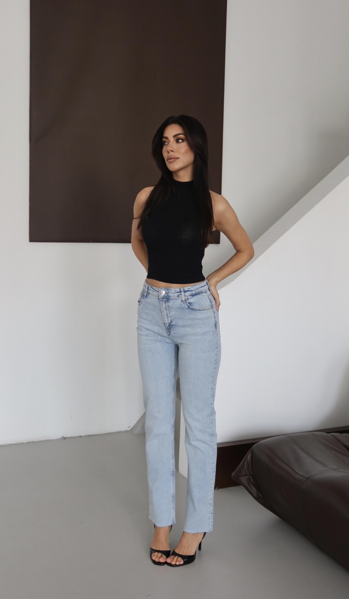 Yüksek Bel Paça Kesik Detaylı Taşlı Blue Jean Pantolon