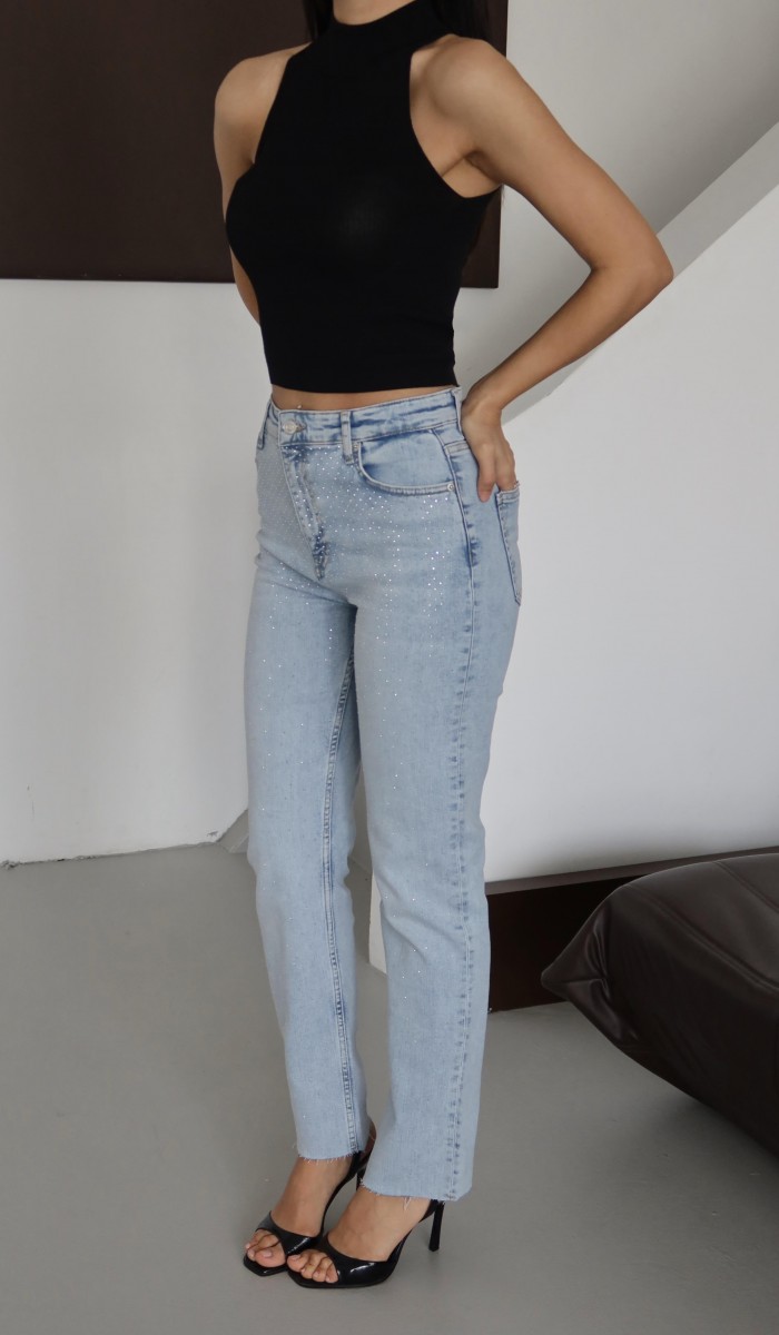 Yüksek Bel Paça Kesik Detaylı Taşlı Blue Jean Pantolon Yüksek Bel Paça Kesik Detaylı Taşlı Blue Jean Pantolon