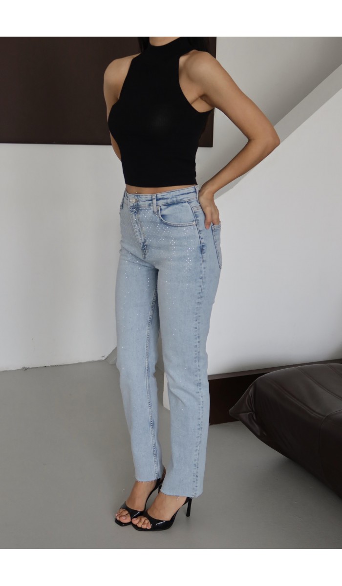 Yüksek Bel Paça Kesik Detaylı Taşlı Blue Jean Pantolon