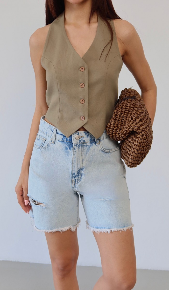 Kadın Püskül Detaylı Light Blue Jean Şort