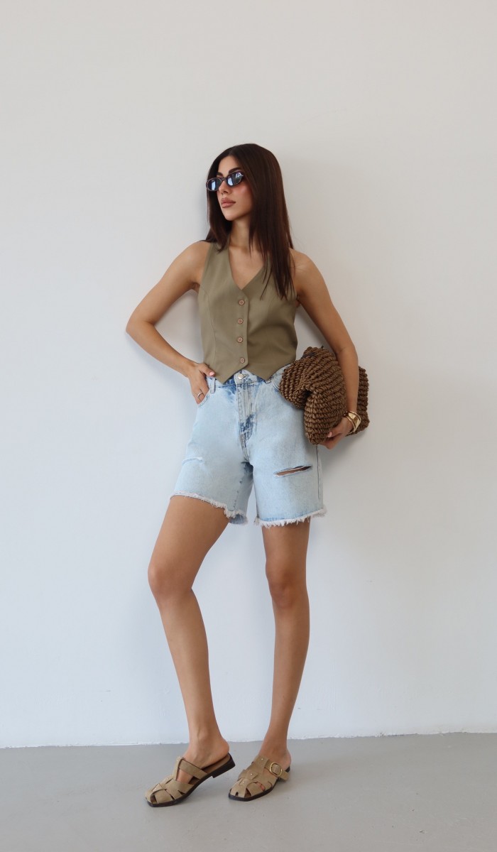 Kadın Püskül Detaylı Light Blue Jean Şort