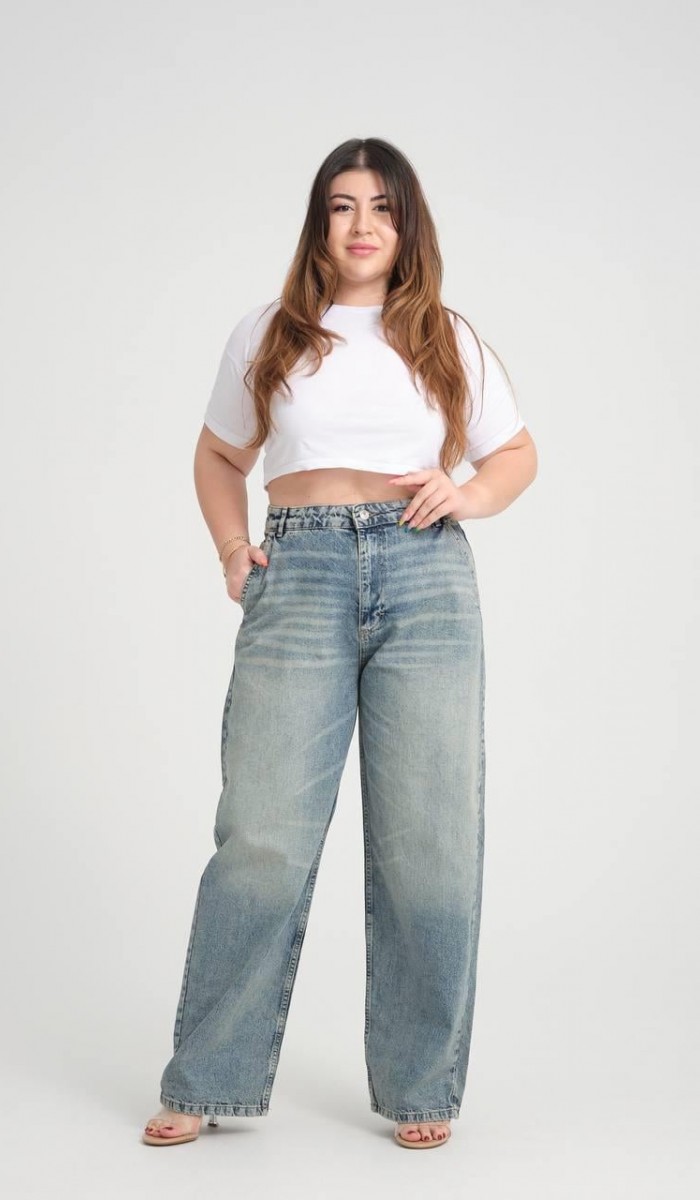 Yüksek Bel Bol Kesim Blue Tint Skater Jean Pantolon