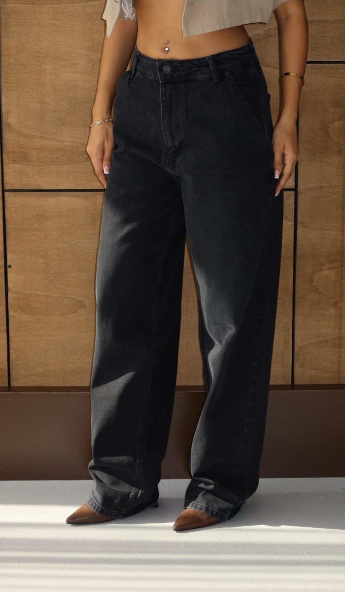 Skater Fit Yüksek Bel Bol Paça Black Jean Pantolon