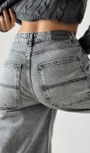 Skater Fit Yüksek Bel Bol Paça Koyu Gri jean pantolon
