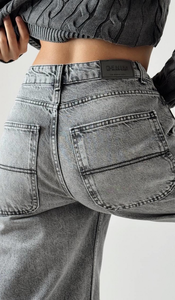 Skater Fit Yüksek Bel Bol Paça Koyu Gri jean pantolon