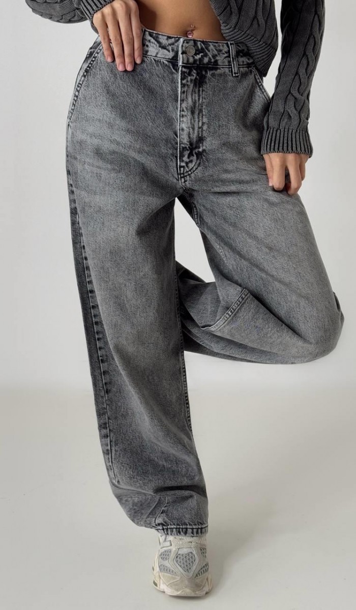 Skater Fit Yüksek Bel Bol Paça Koyu Gri jean pantolon