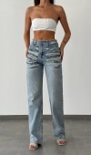 Yüksek Bel Boru Kesim Detaylı Straight Light Blue Jean Pantolon