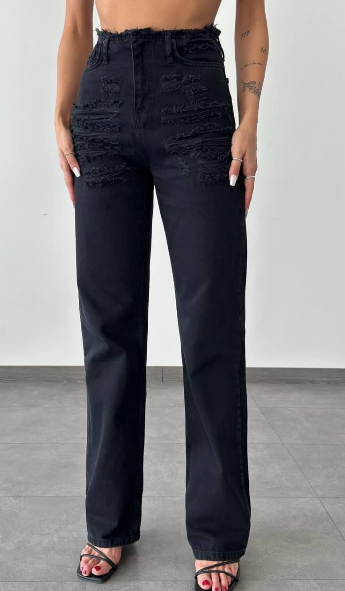 Yüksek bel detaylı black Straight Jean Pantolon