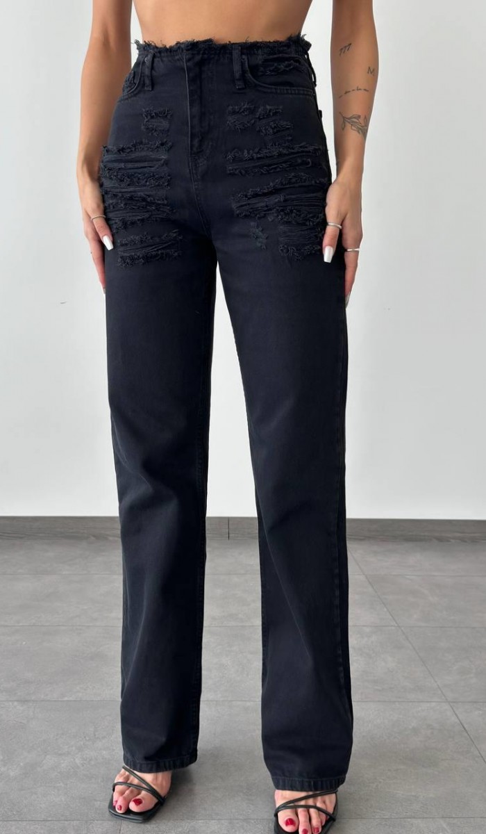 Yüksek bel detaylı black Straight Jean Pantolon Yüksek bel detaylı black Straight Jean Pantolon