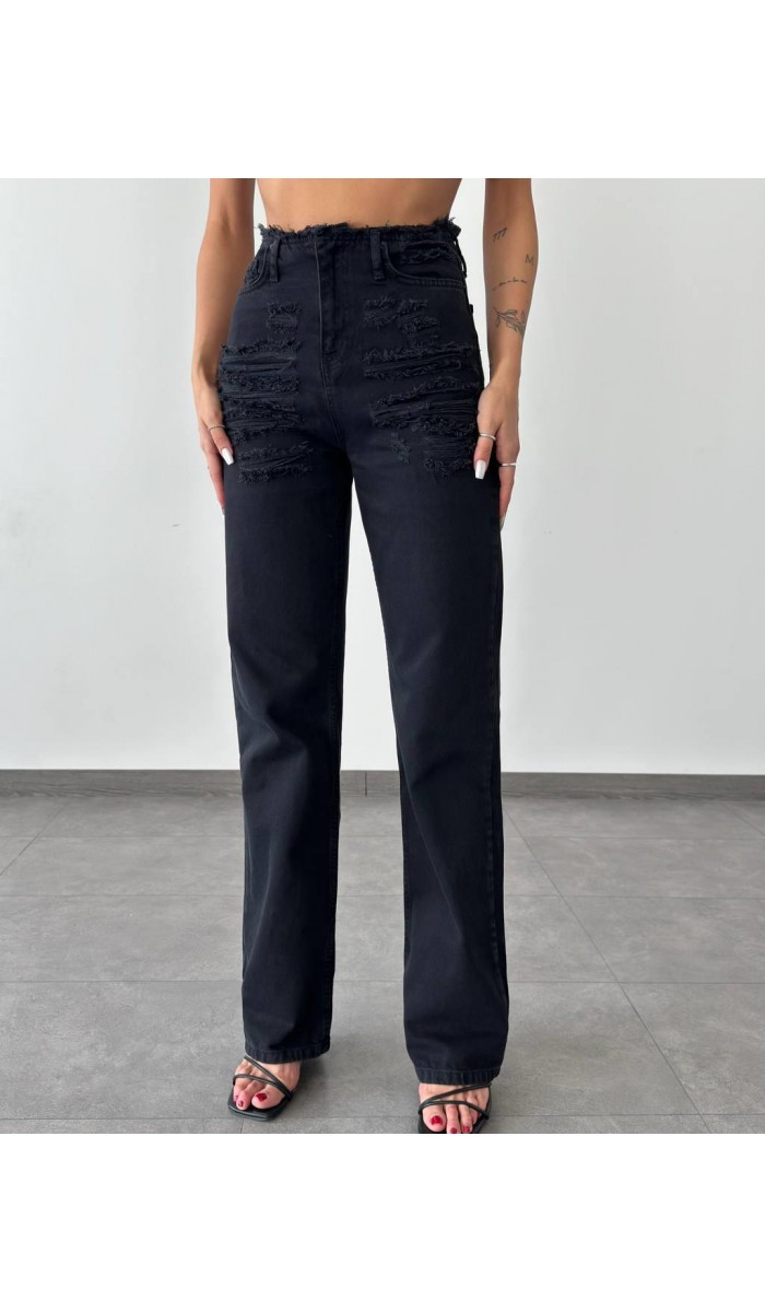 Yüksek bel detaylı black Straight Jean Pantolon