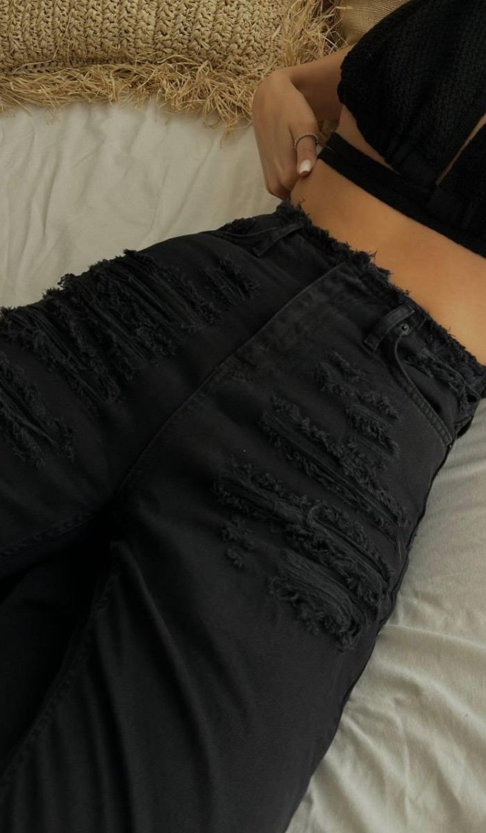 Yüksek bel detaylı black Straight Jean Pantolon