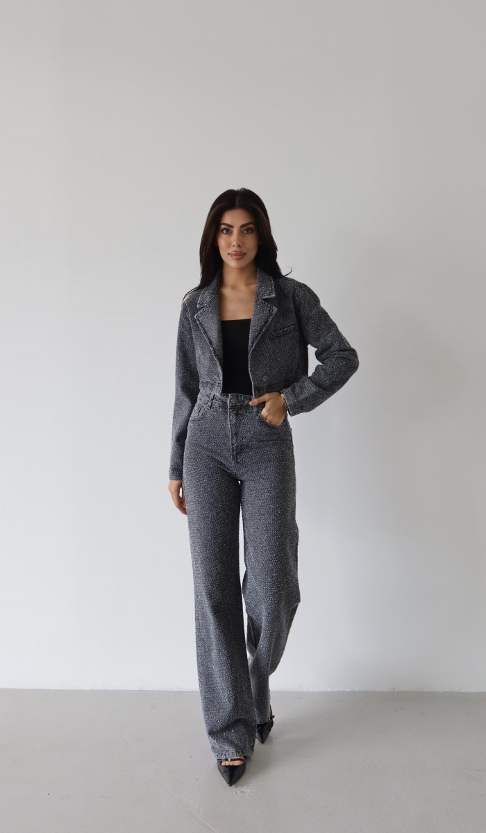 Yüksek Bel Taş Detaylı Koyu Gri Taşlı Jean Pantolon