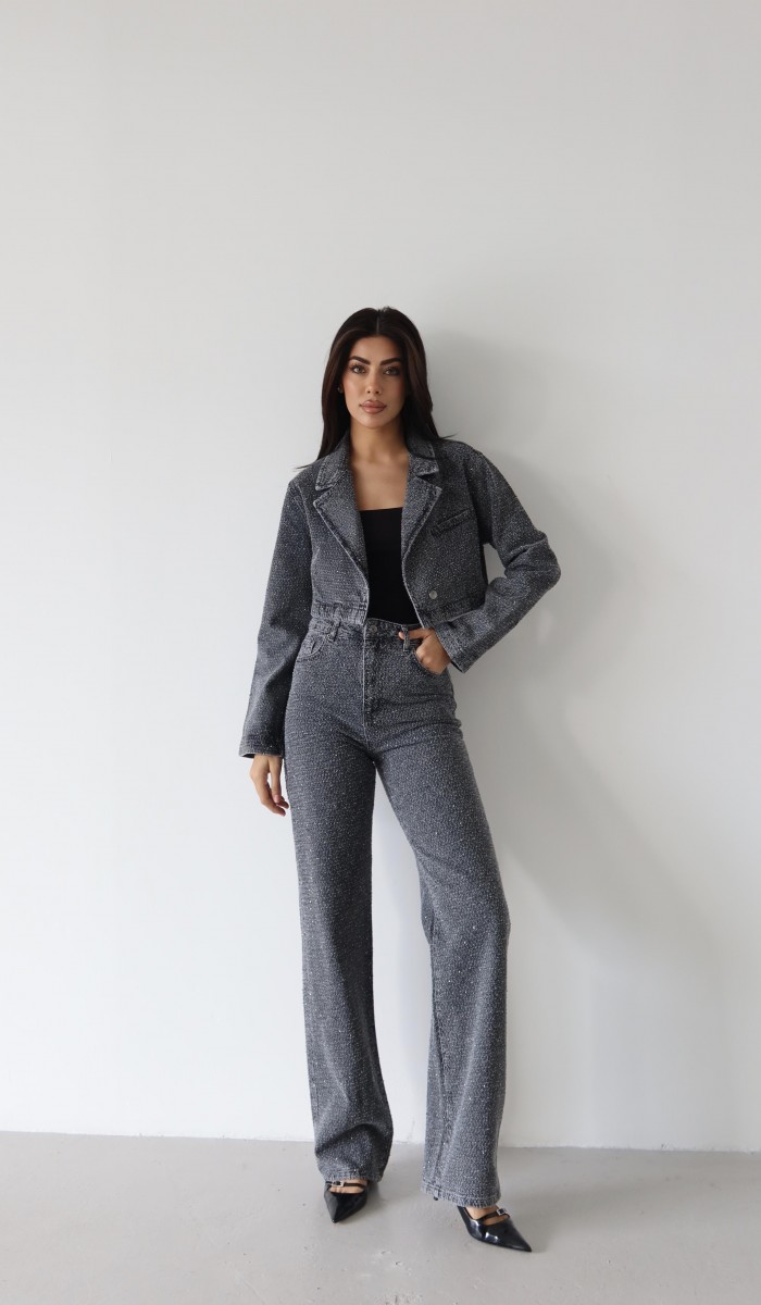Yüksek Bel Taş Detaylı Koyu Gri Taşlı Jean Pantolon