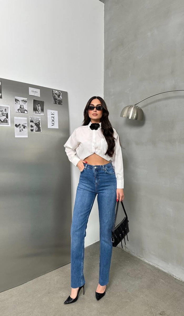 Yüksek Bel Paça Detaylı Blue Jean Patnolon